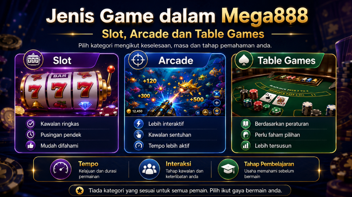 Jenis Game dalam Mega888: Slot, Arcade dan Table Games