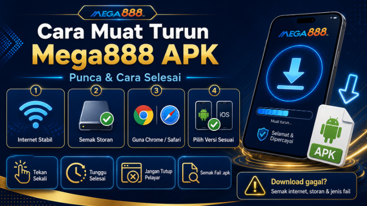Infografik cara muat turun Mega888 APK: internet stabil, semak storan, guna Chrome atau Safari, pilih versi sesuai
